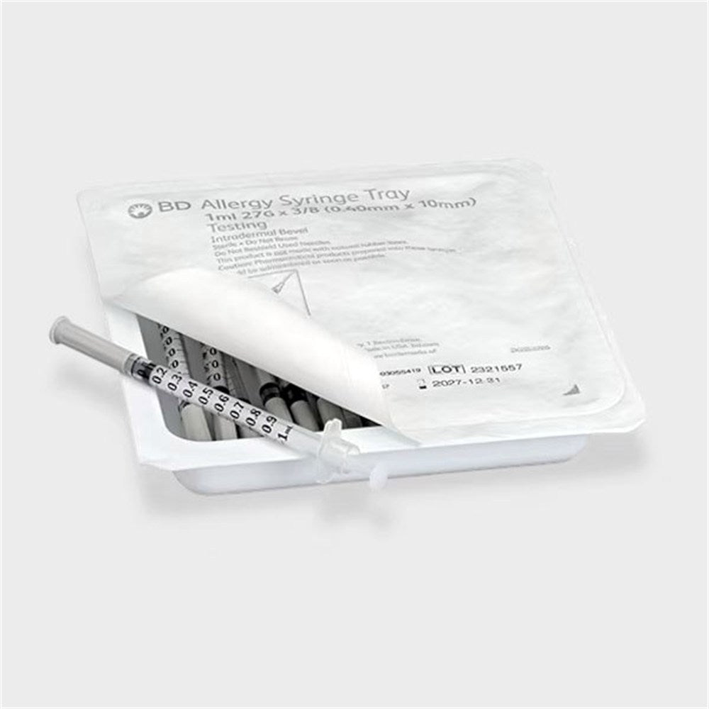 BD Allergist Tray, 1mL w/ Perm Attach Needle, 27 G x 3/8", Intradermal Bevel. MPN: 305541