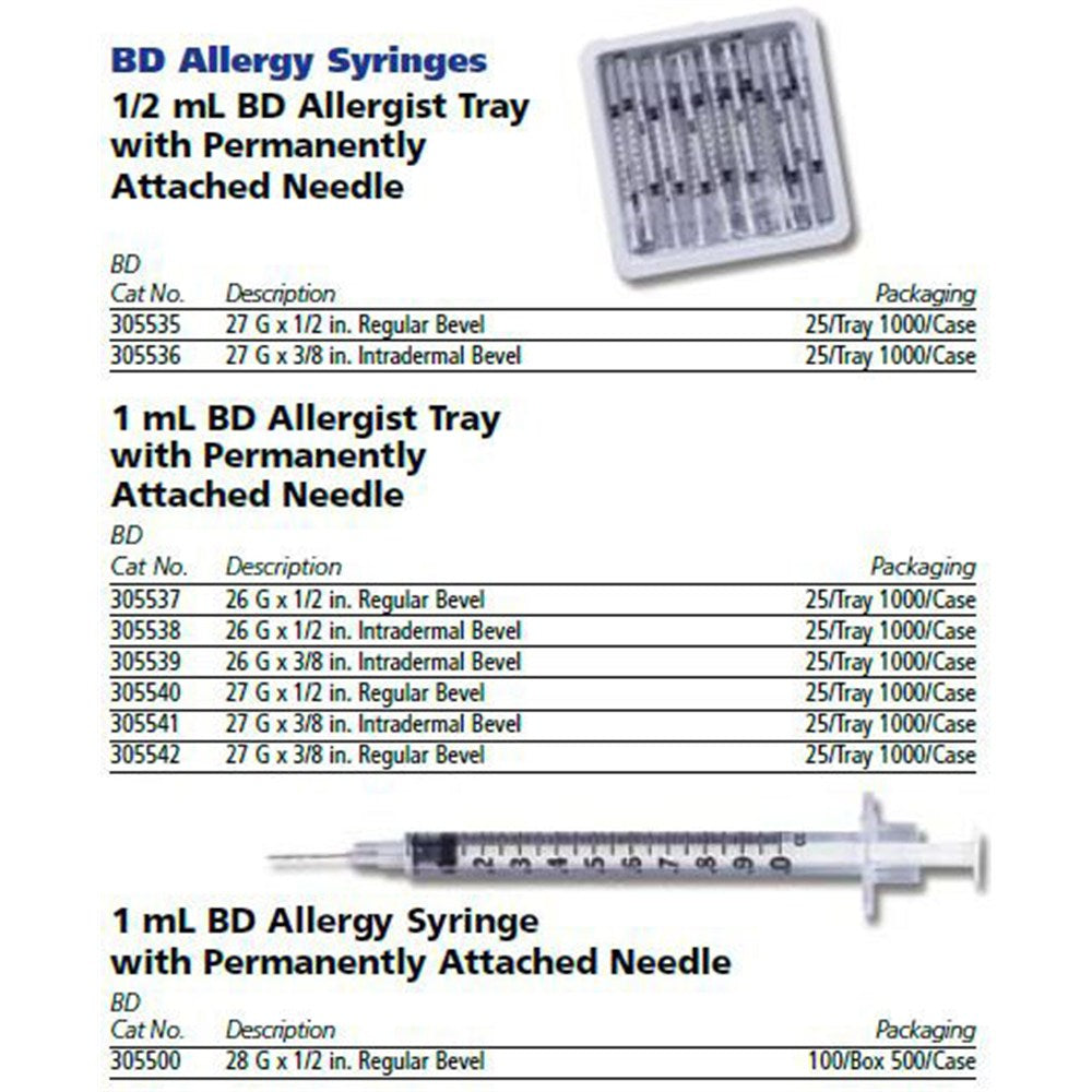 BD Allergist Tray, 1mL w/ Perm Attach Needle, 27 G x 3/8", Intradermal Bevel. MPN: 305541 - Image 2