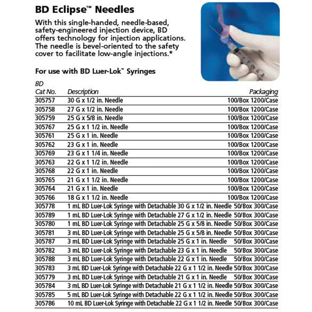 BD ECLIPSE 21 G x 1", 3mL, BD Luer-Lok Syringe w/ detachable needle, 50/box, 6 box/case. MPN: 305779 - Image 2