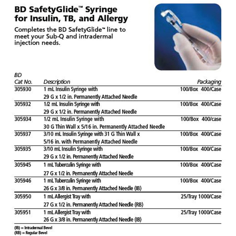 3/10 mL BD SafetyGlide Insulin Syringe w/ 31G TW 5/16" Needle, Perm Needle, 100/box, 4 box/case. MPN: 305937 - Image 2