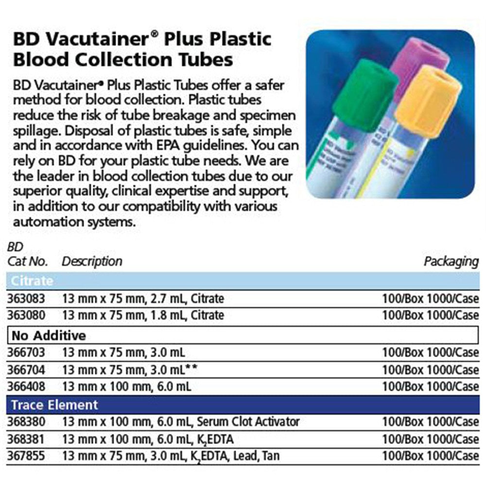 BD VACUTAINER SPC Plus Plastic Tube, 13mm x 100mm, 6.0mL, Royal Blue, 100/box. MPN: 368381