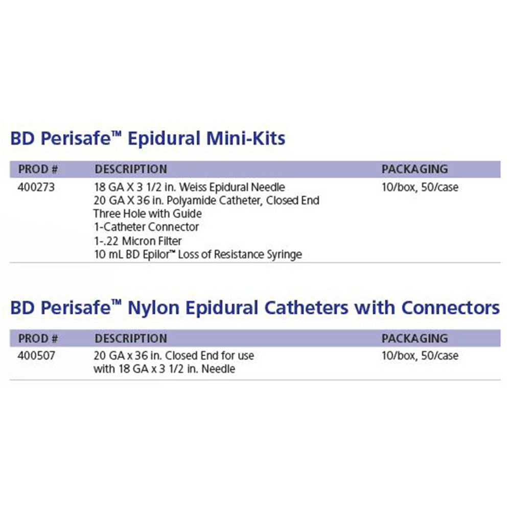 BD Perisafe 20ga x 36" Closed End Epidudral Catheter, 3-Hole w/ guide, 10/box, 5 box/case. MPN: 400507