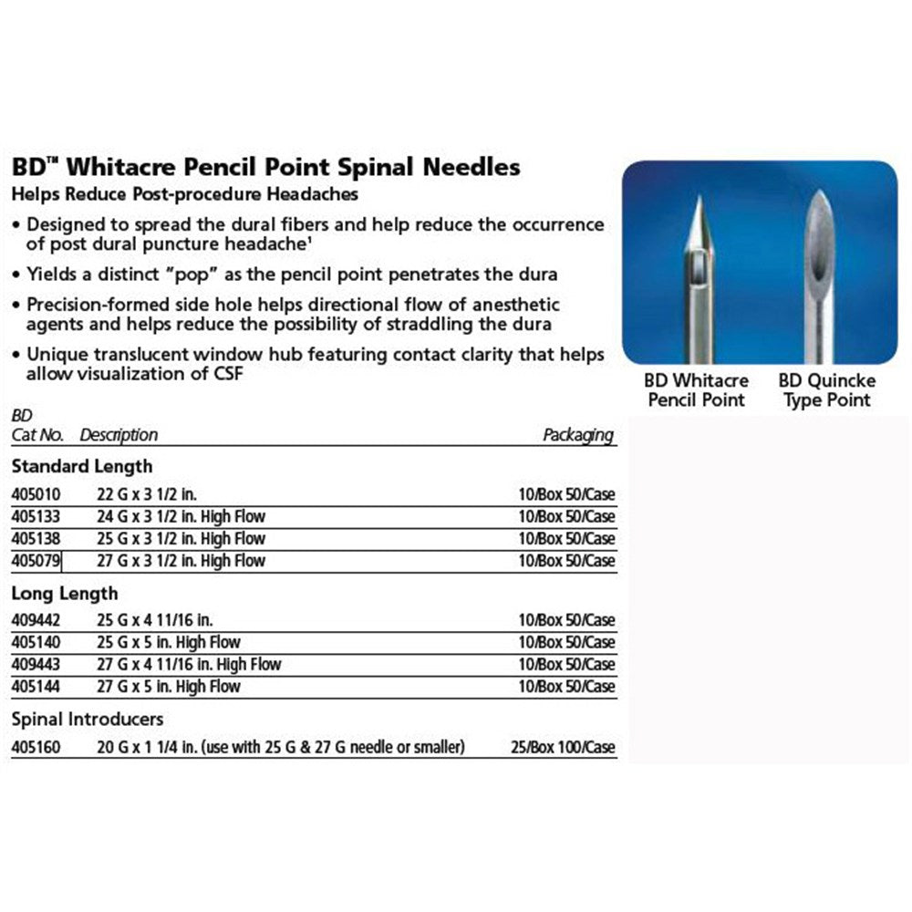 BD WHITACARE Pencil Point Spinal Needle, 25 G x 5", High Flow, Blue, 10/box, 5 box/case. MPN: 405140