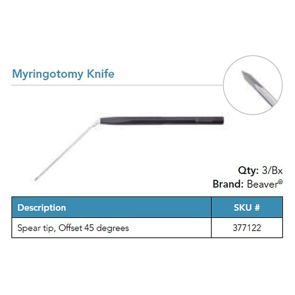 Beaver Myringotomy Knife, Spear Tip, Narrow Shaft, 45° Offset. MPN: 377122
