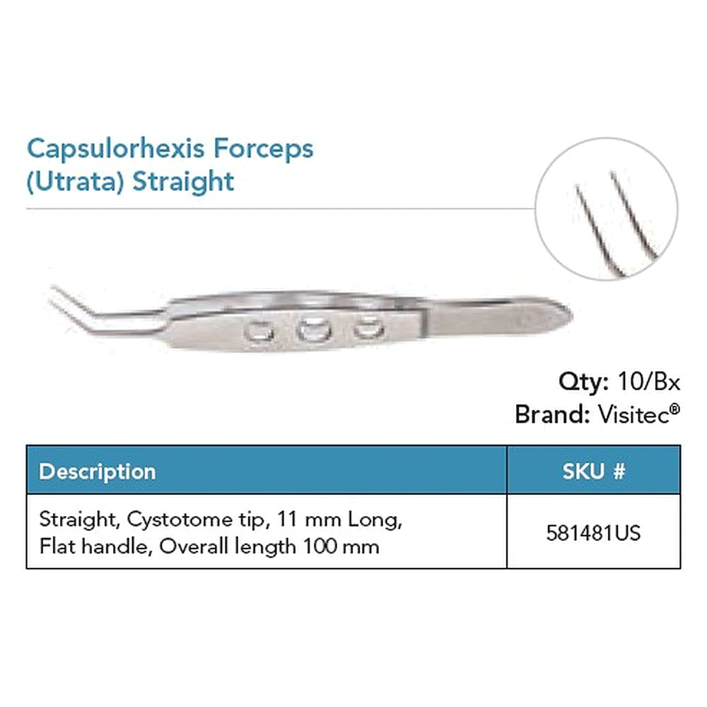 Visitec Capsulorhexis Forceps (Utrata), Straight, Cystotome Tip. MPN: 581481US