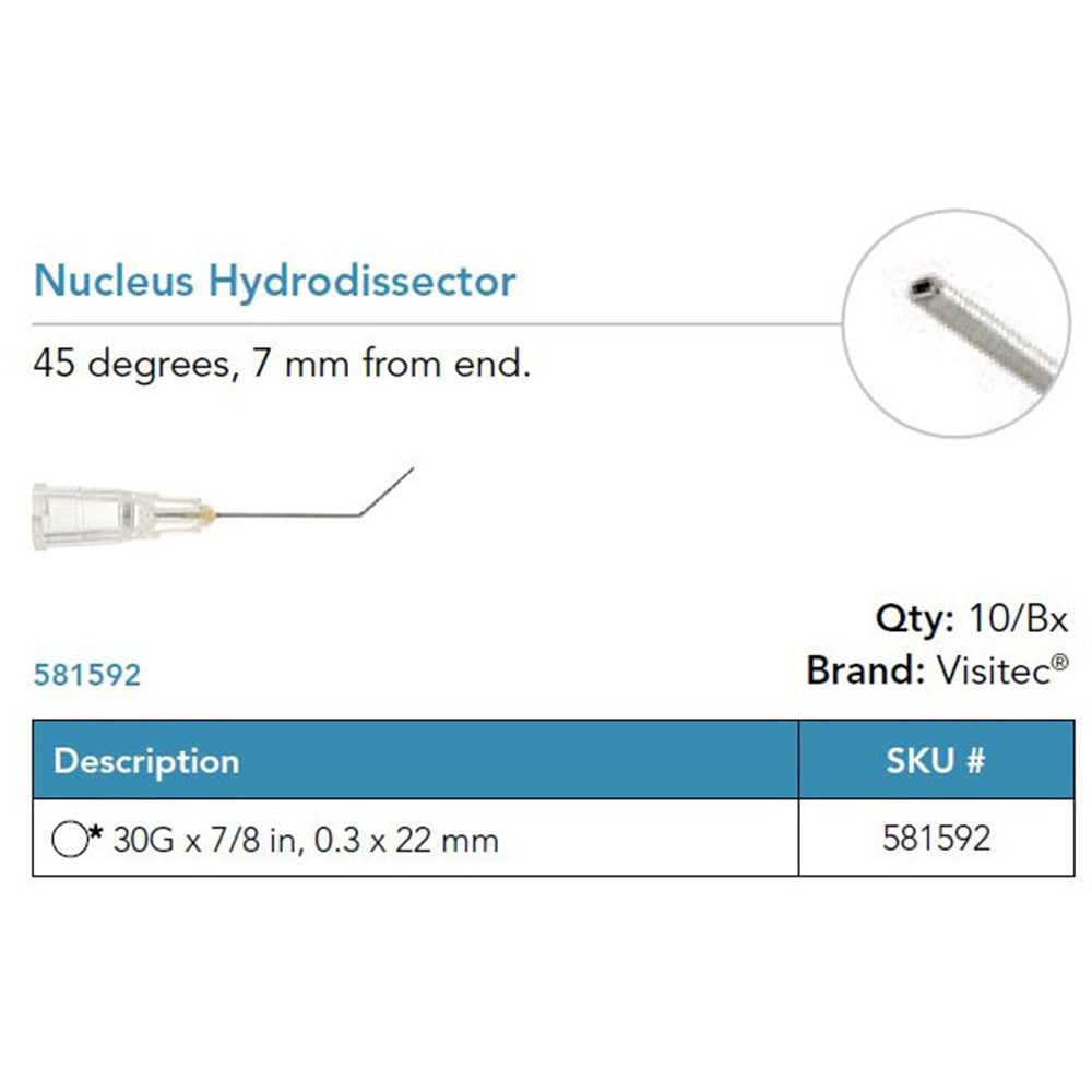 Visitec Nucleus Hydrodissector, 30G x ⅞ in (0.3 x 22 mm), 45° Angled. MPN: 581592