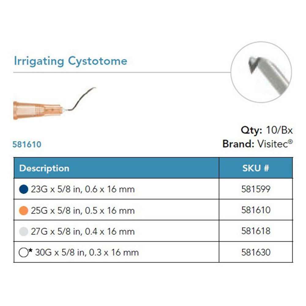 Visitec Irrigating Cystotome, 25G x ⅝ in (0.5 x 16 mm), Formed. MPN: 581610