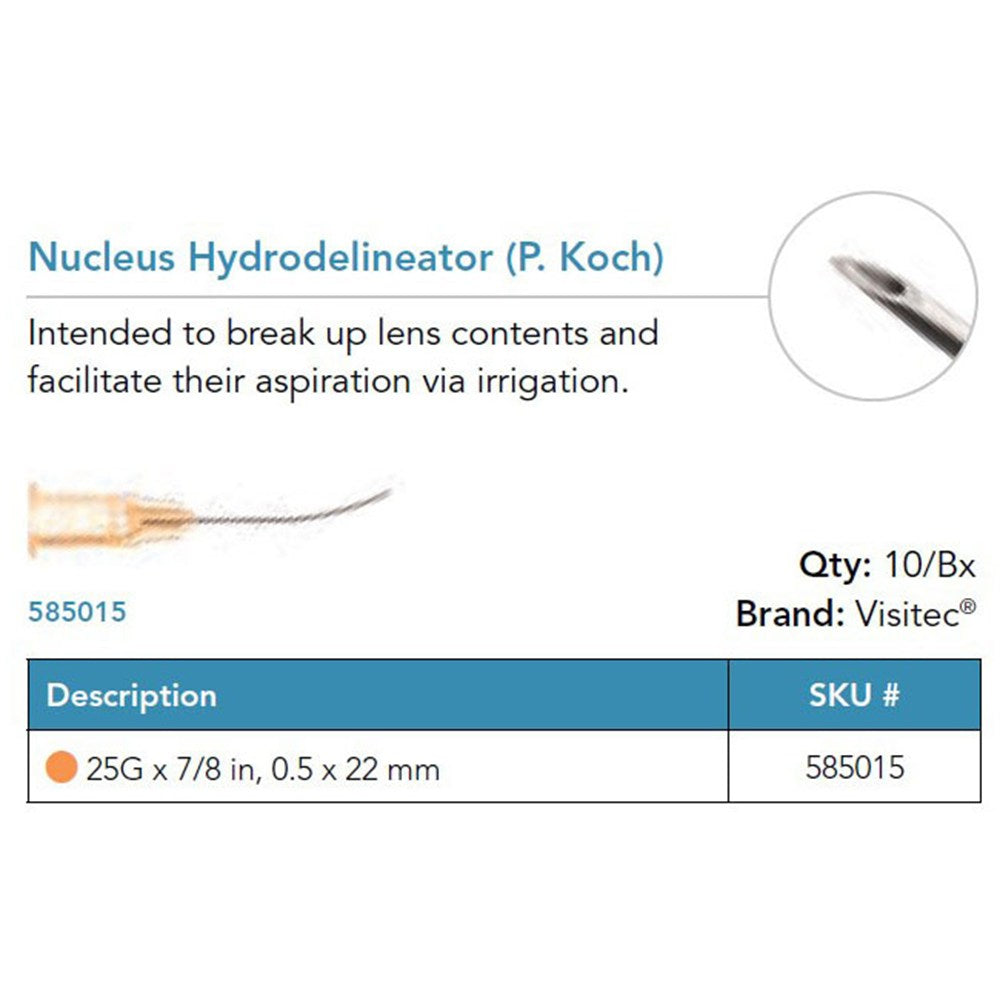 Visitec Nucleus Hydrodelineator (P. Koch), 25G x ⅞ in (0.5 x 22 mm). MPN: 585015