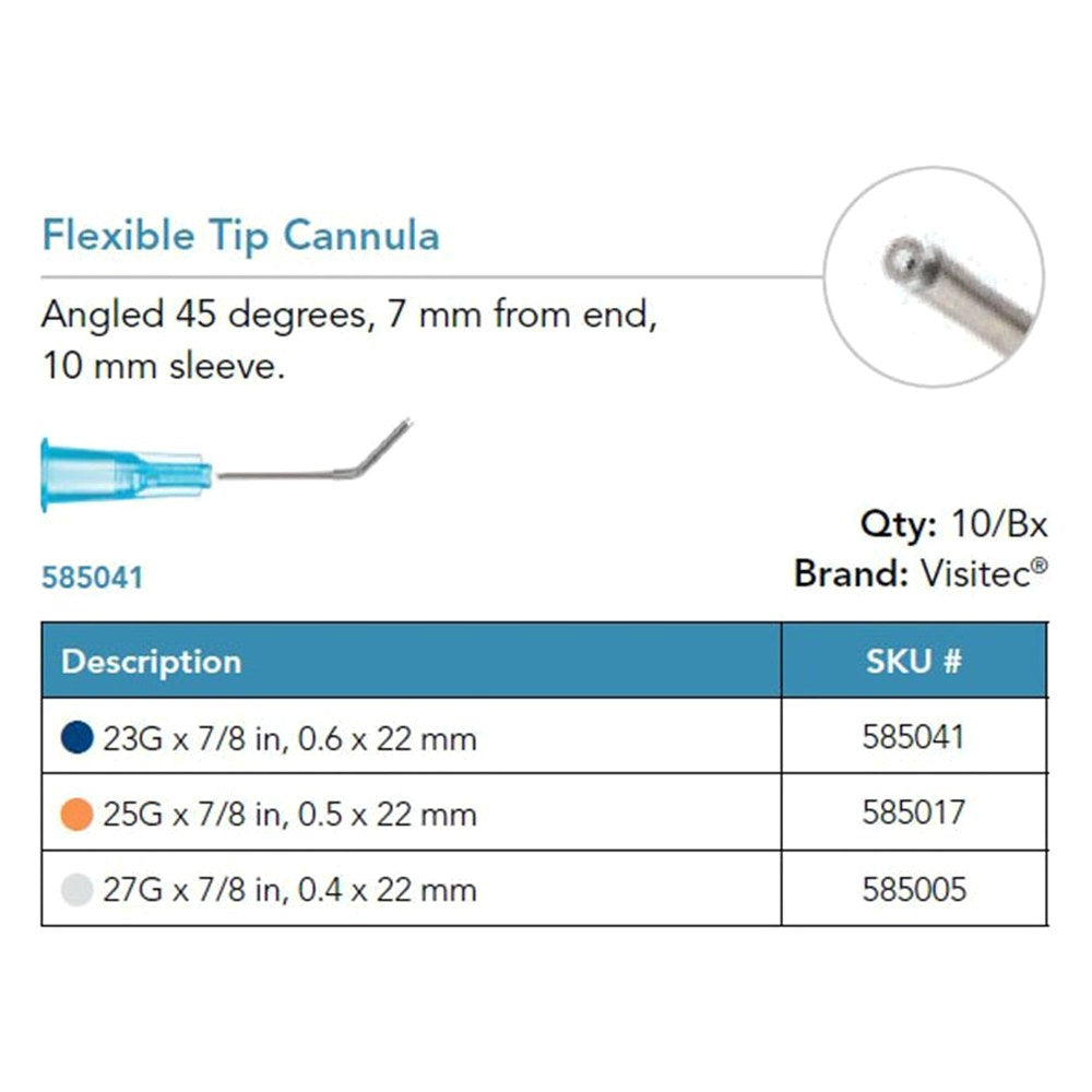 Visitec Flexible Tip Cannula, 25G x ⅞ in (0.5 x 22 mm), 45° Angled. MPN: 585017