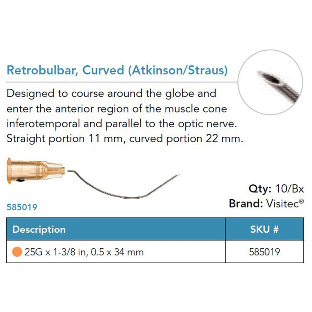 Visitec Retrobulbar Cannula (Atkinson/Straus), 25G x 1⅜ in (0.5 x 34 mm), Curved. MPN: 585019