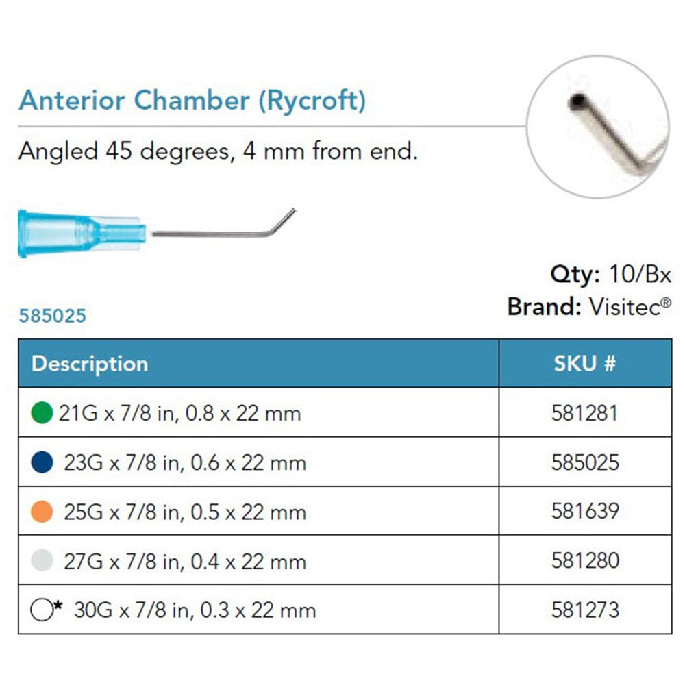 Visitec Anterior Chamber Cannula (Rycroft), 23G x ⅞ in (0.6 x 22 mm), 45° Angled. MPN: 585025