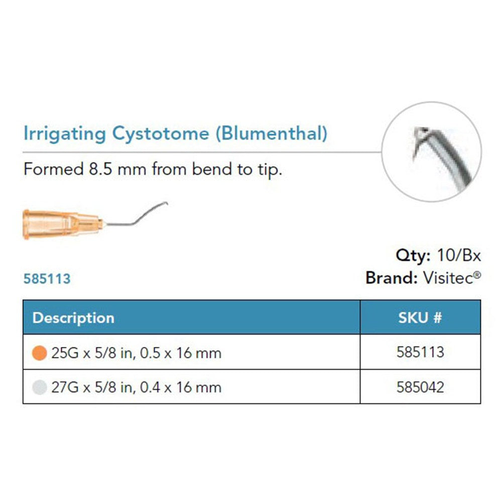 Visitec Irrigating Cystotome (Blumenthal), Formed, 27G x ⅝ in (0.4 x 16 mm). MPN: 585042