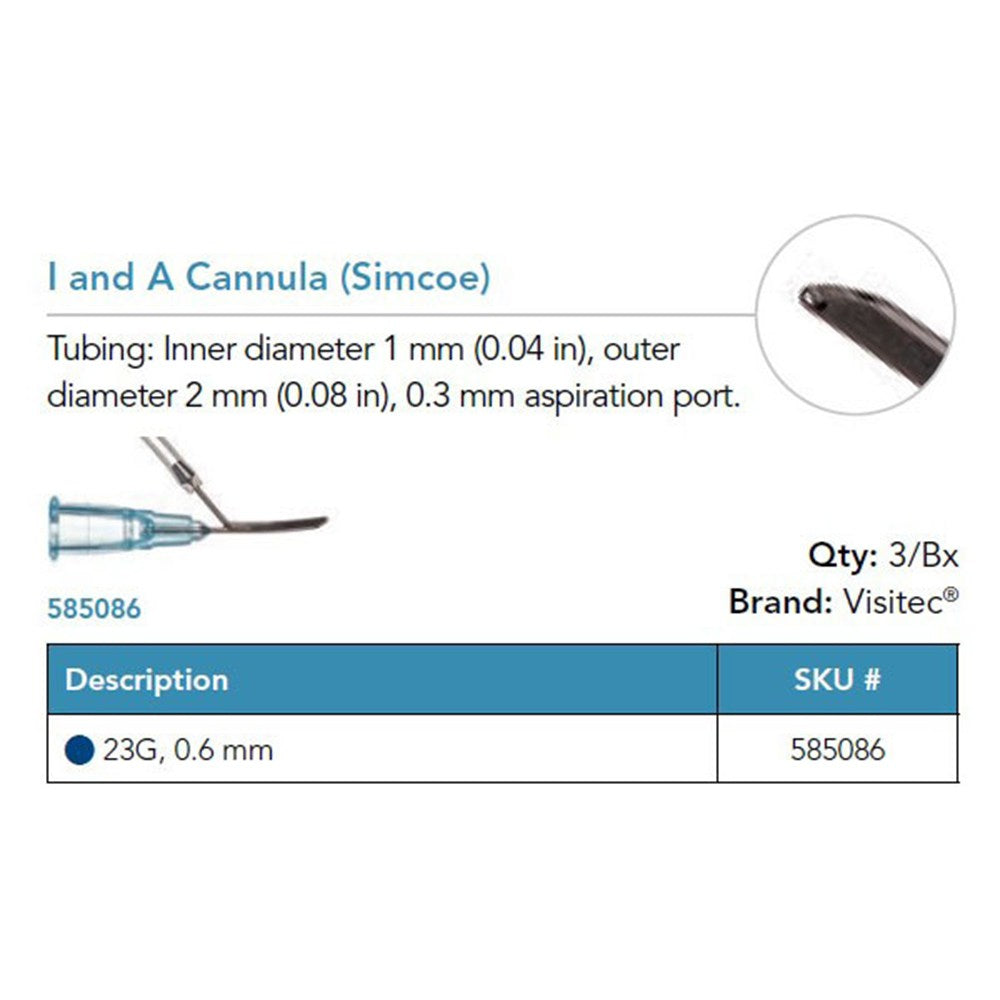 Visitec I/A Cannula (Simcoe), 23G, 0.3 mm Aspiration Port, 3/box. MPN: 585086