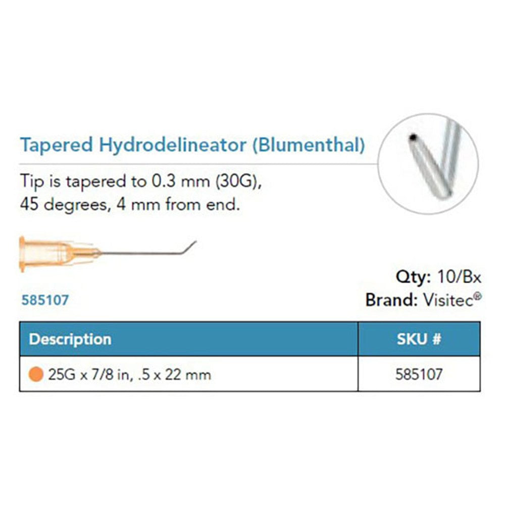 Visitec Tapered Hydrodelineator (Blumenthal), 25G x ⅞ in (0.5 x 22 mm), 45° Angled. MPN: 585107