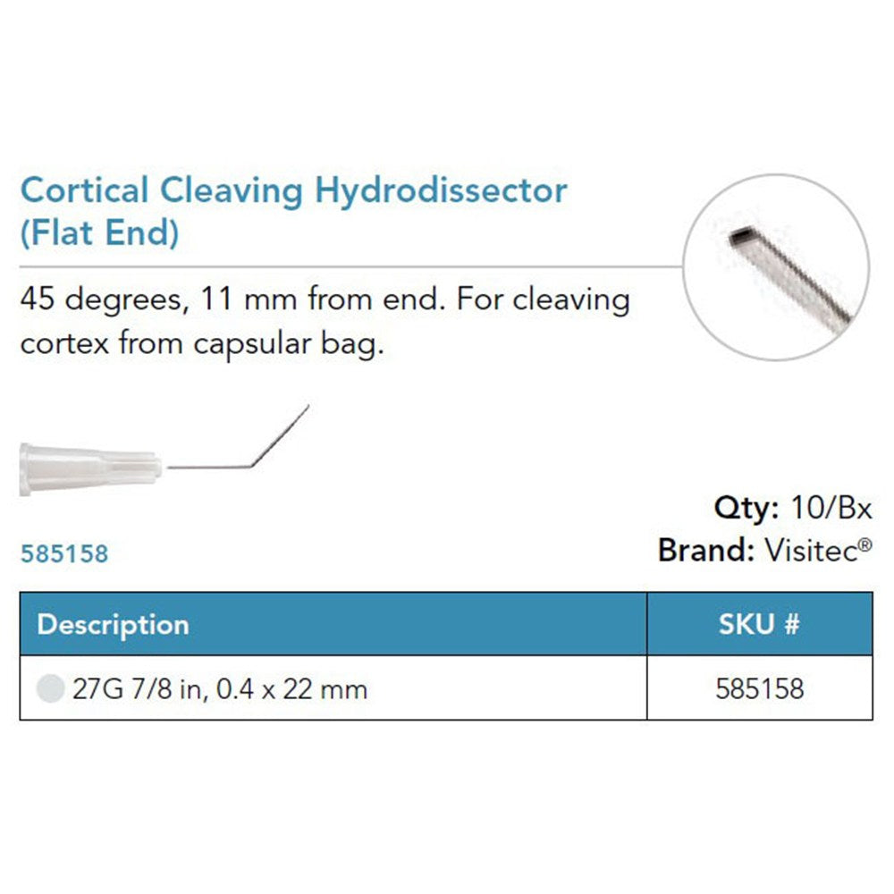 Visitec Cortical Cleaving Hydrodissector, Flat End, 27G x ⅞ in (0.4 x 22 mm). MPN: 585158