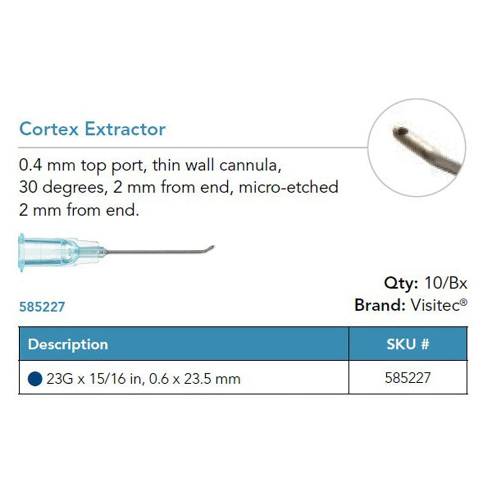 Visitec Cortex Extractor, Thin Wall, 23G x 15/16 in (0.6 x 23.5 mm), 30° Angled. MPN: 585227