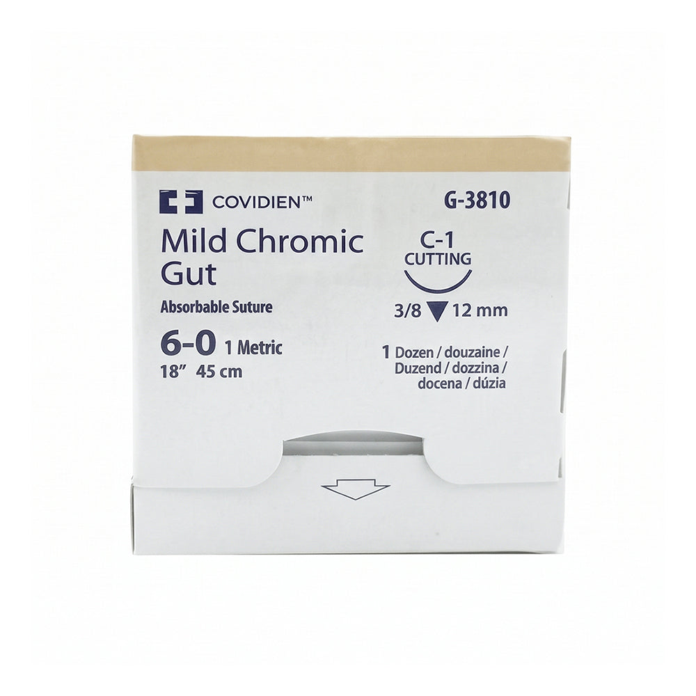 Covidien Mild Chromic Gut Suture, Reverse Cutting, Size 6-0 18", Needle C-1, 3/8 Circle. MPN: G3810