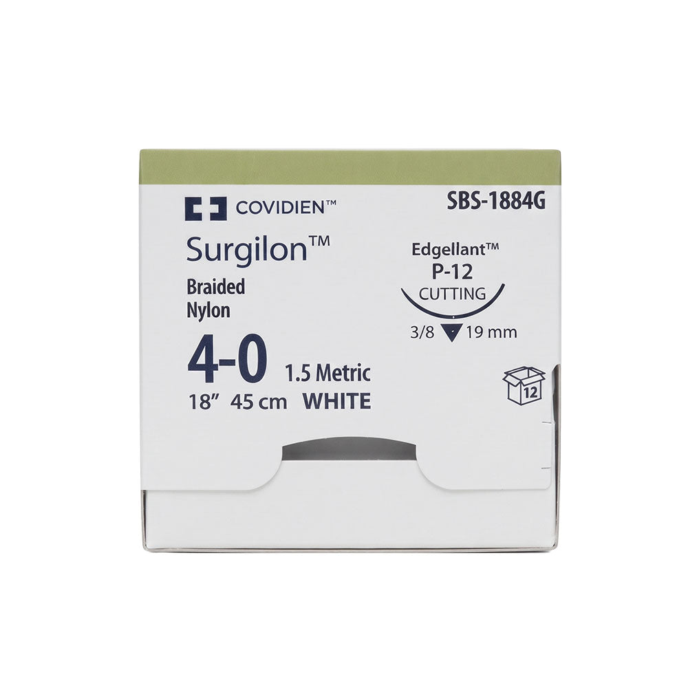 Covidien SURGILON Nylon Suture, Premium Reverse Cut, Size 4-0, White, 18", Needle P-12, 3/8 Circle. MPN: SBS1884G