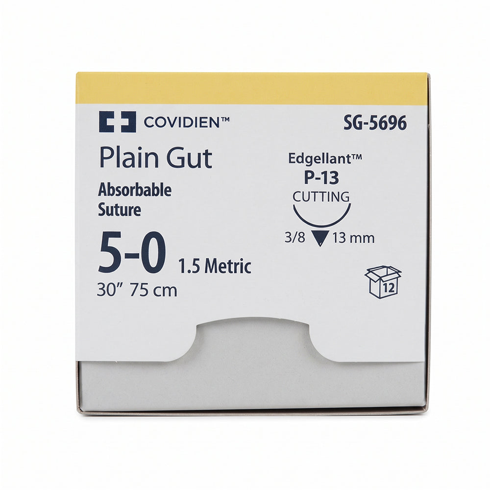 Covidien Plain Gut Suture, Premium Reverse Cutting, Size 5-0, 30", Needle P-13, 3/8 Circle. MPN: SG5696