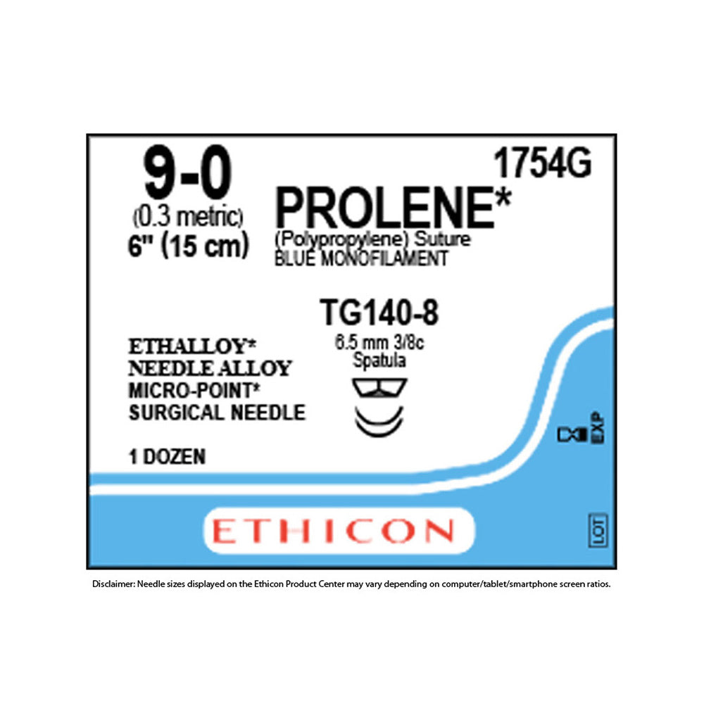 Ethicon PROLENE Polypropylene Suture, Size: 9-0, Needle: TG140-8, TG140-8, BLUE, 12/bx. MPN: 1754G