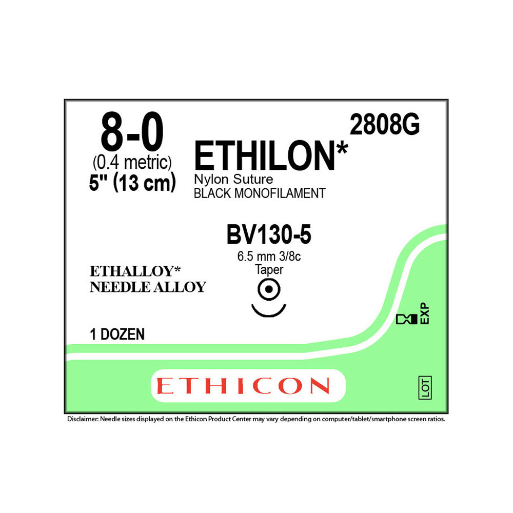 Ethicon ETHILON Nylon Suture, Size: 8-0, Needle: BV130-5, BLACK, 12/bx. MPN: 2808G