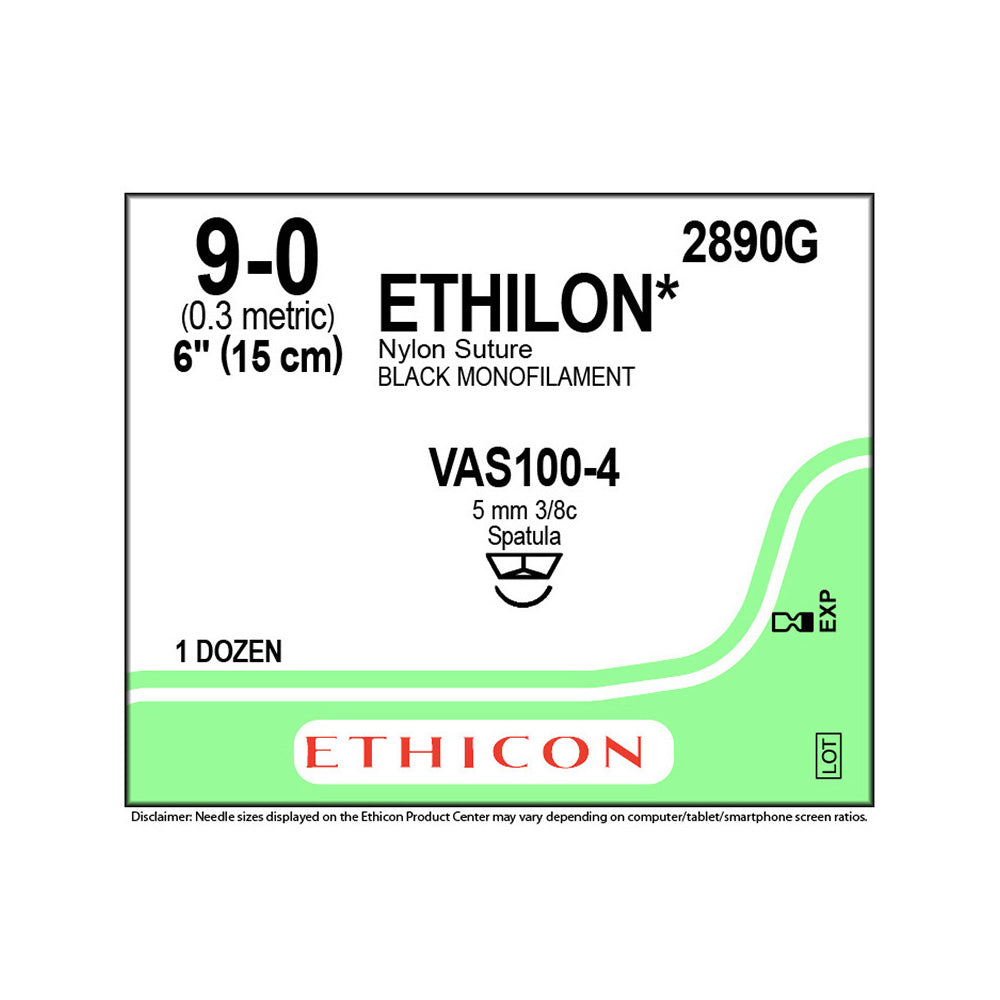Ethicon ETHILON Nylon Suture, Size: 9-0, Needle: VAS100-4, BLACK, 12/bx. MPN: 2890G