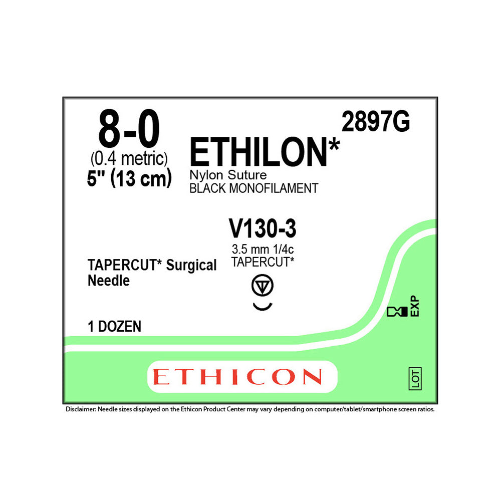 Ethicon ETHILON Nylon Suture, Size: 8-0, Needle: V130-3, BLACK, 12/bx. MPN: 2897G