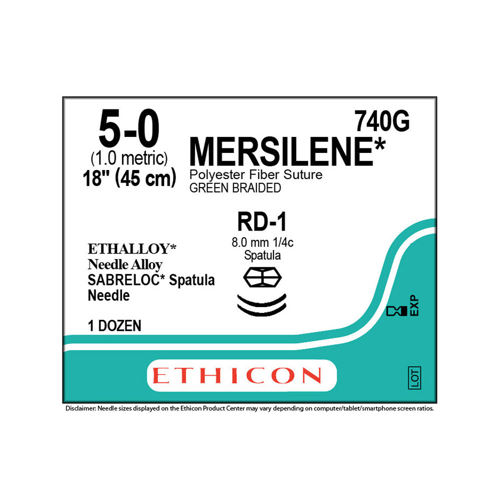 Ethicon MERSILENE Polyester Fiber Suture, Size: 5-0, Needle: RD-1, RD-1, GREEN, 12/bx. MPN: 740G