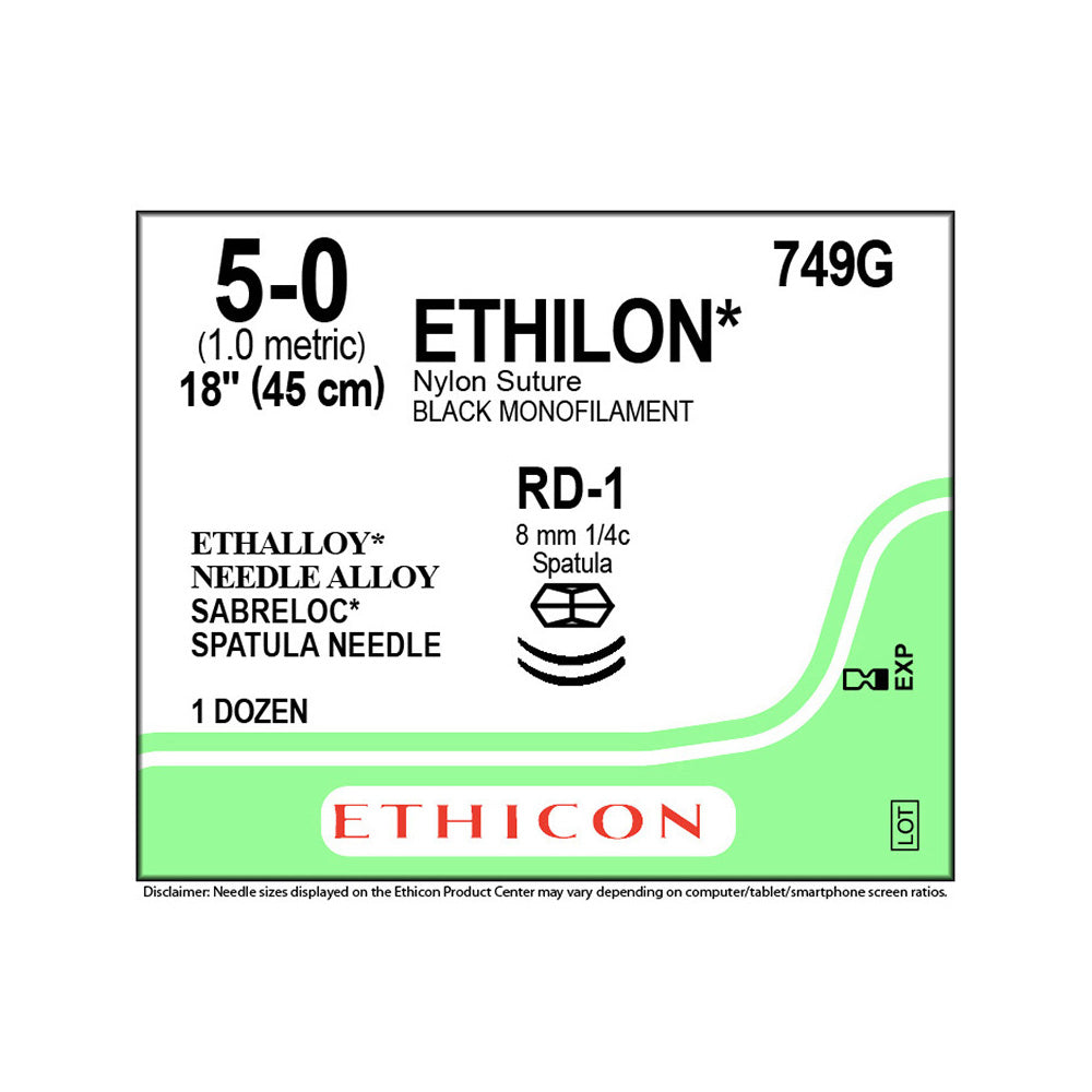 Ethicon ETHILON Nylon Suture, Size: 5-0, Needle: RD-1, RD-1, BLACK, 12/bx. MPN: 749G