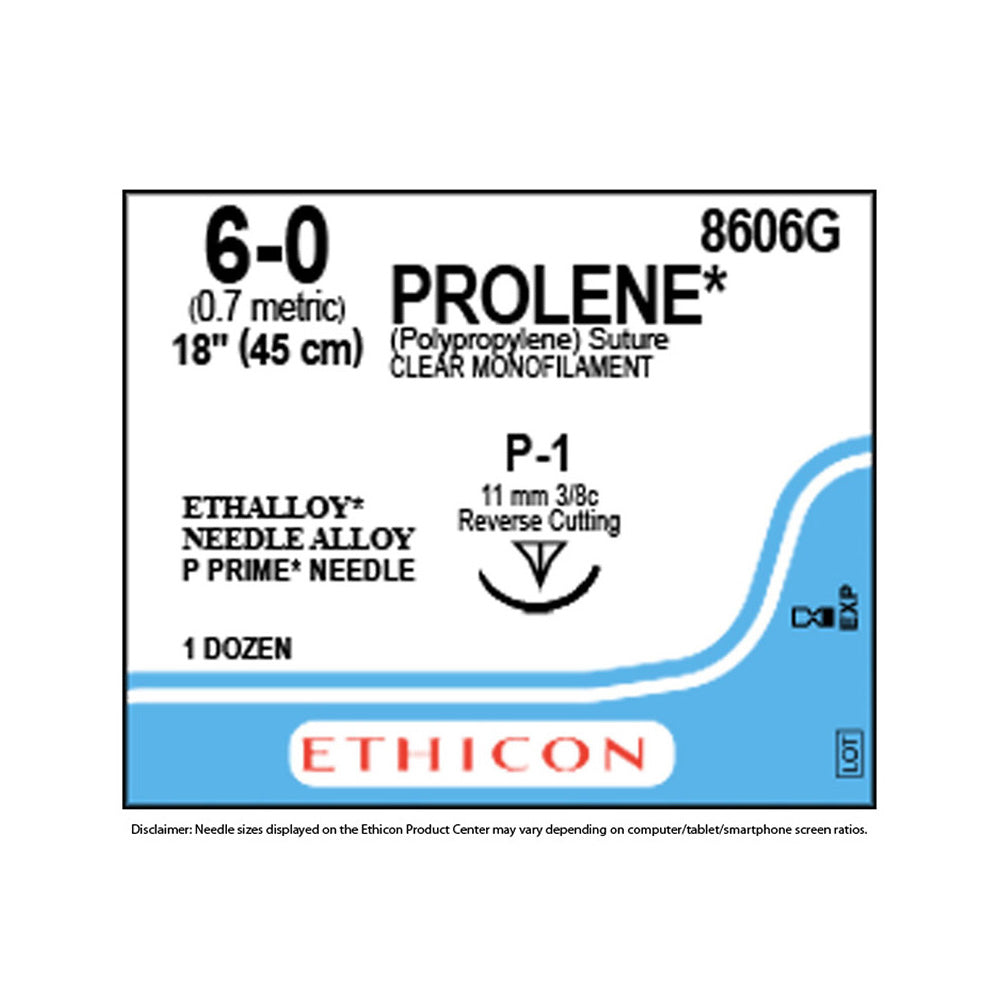 Ethicon PROLENE Polypropylene Suture, Size: 6-0, Needle: P-1, UNDYED, 12/bx. MPN: 8606G
