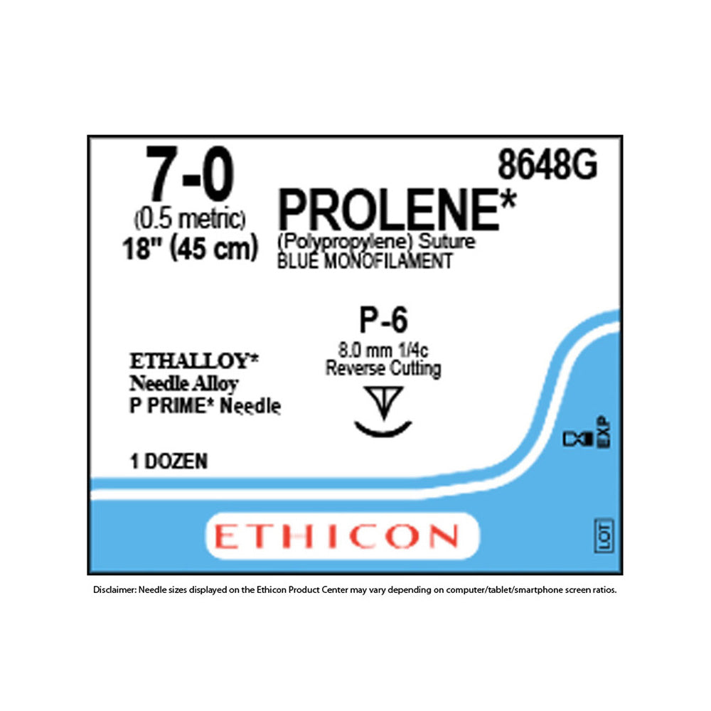 Ethicon PROLENE Polypropylene Suture, Size: 7-0, Needle: P-6, BLUE, 12/bx. MPN: 8648G