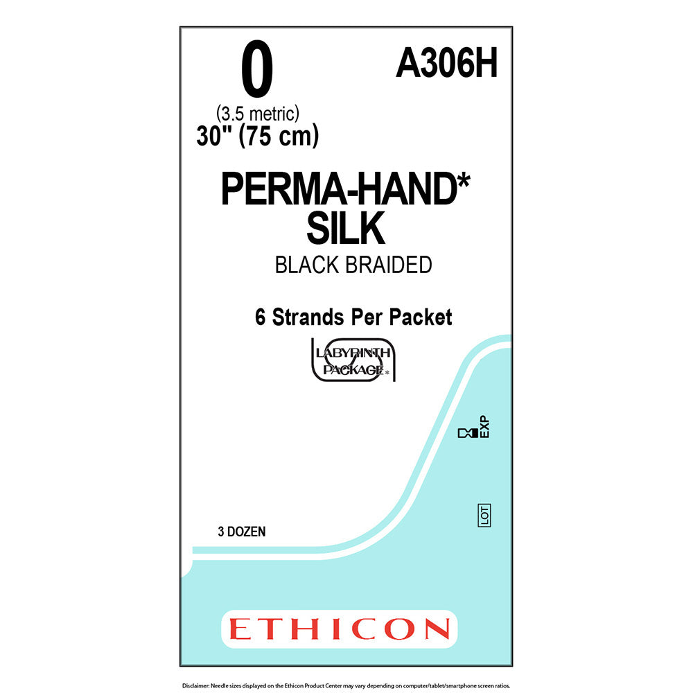 Ethicon PERMAHAND Silk Suture, Size: 0, NO NEEDLE, BLACK, 36/bx. MPN: A306H