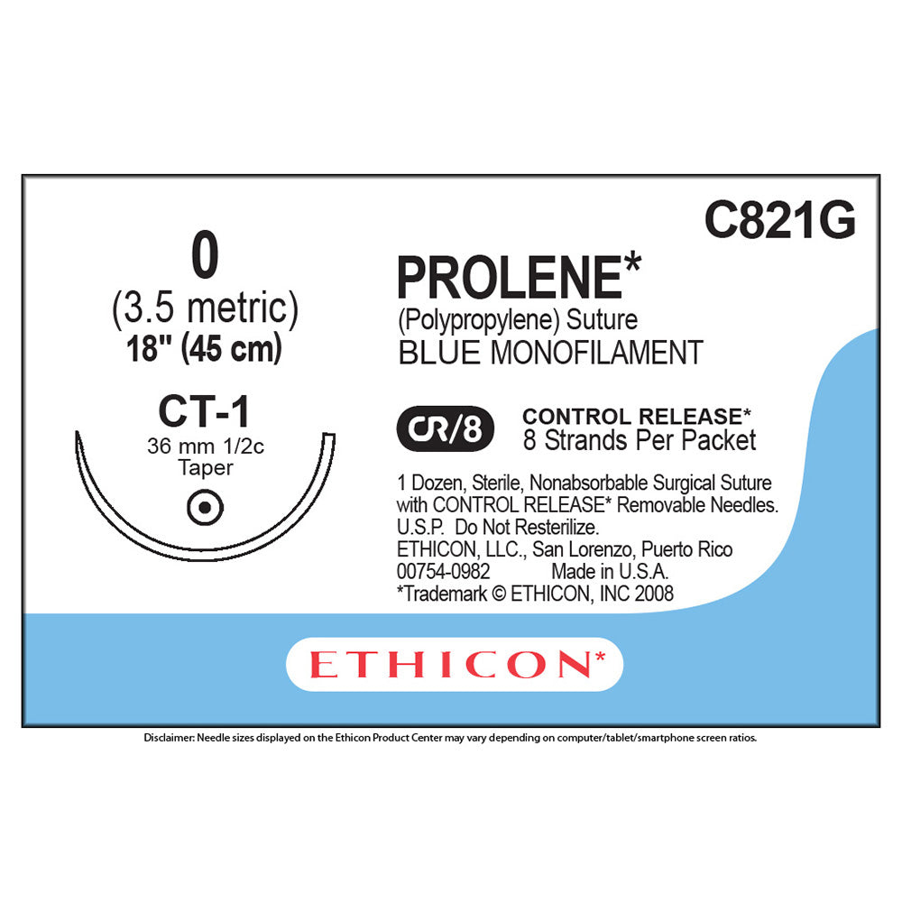 Ethicon PROLENE Polypropylene Suture, Size: 0, Needle: CT-1, BLUE, 12/bx. MPN: C821G