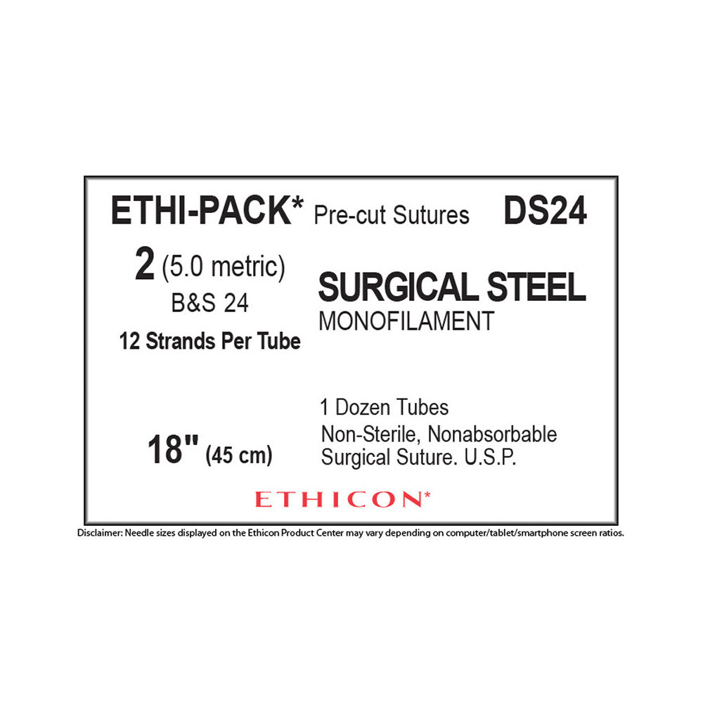 Ethicon Surgical Stainless Steel Suture, Size: 2, NO NEEDLE, ETHI-PACK, SILVER, 12/bx. MPN: DS24