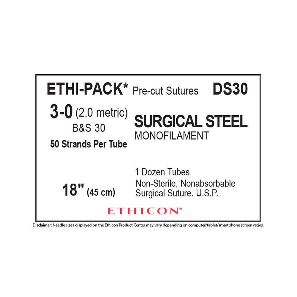 Ethicon Surgical Stainless Steel Suture, Size: 3-0, NO NEEDLE, ETHI-PACK, SILVER, 12/bx. MPN: DS30
