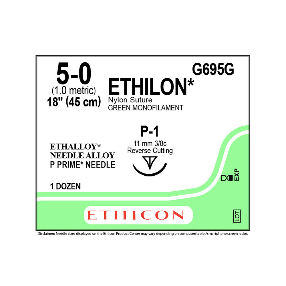 Ethicon ETHILON Nylon Suture, Size: 5-0, Needle: P-1, GREEN, 12/bx. MPN: G695G