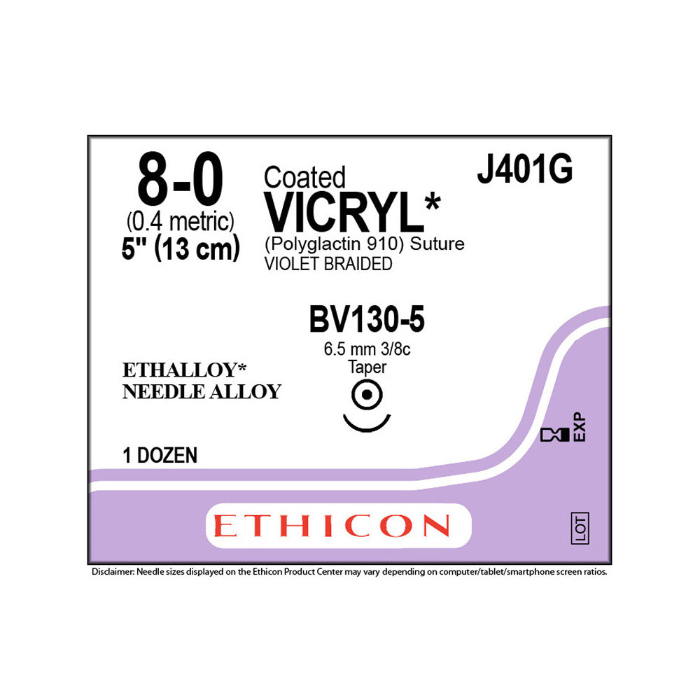 Ethicon COATED VICRYL Suture, Size: 8-0, Needle: BV130-5, VIOLET, 12/bx. MPN: J401G