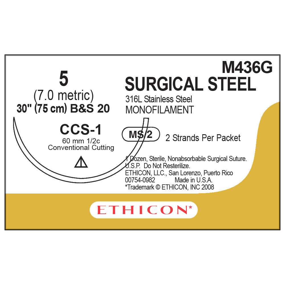 Ethicon Surgical Stainless Steel Suture, Size: 5, Needle: CCS-1, SILVER, 12/bx. MPN: M436G