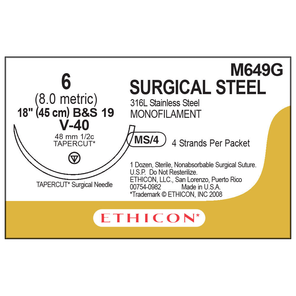 Ethicon Surgical Stainless Steel Suture, Size: 6, Needle: V-40, SILVER, 12/bx. MPN: M649G