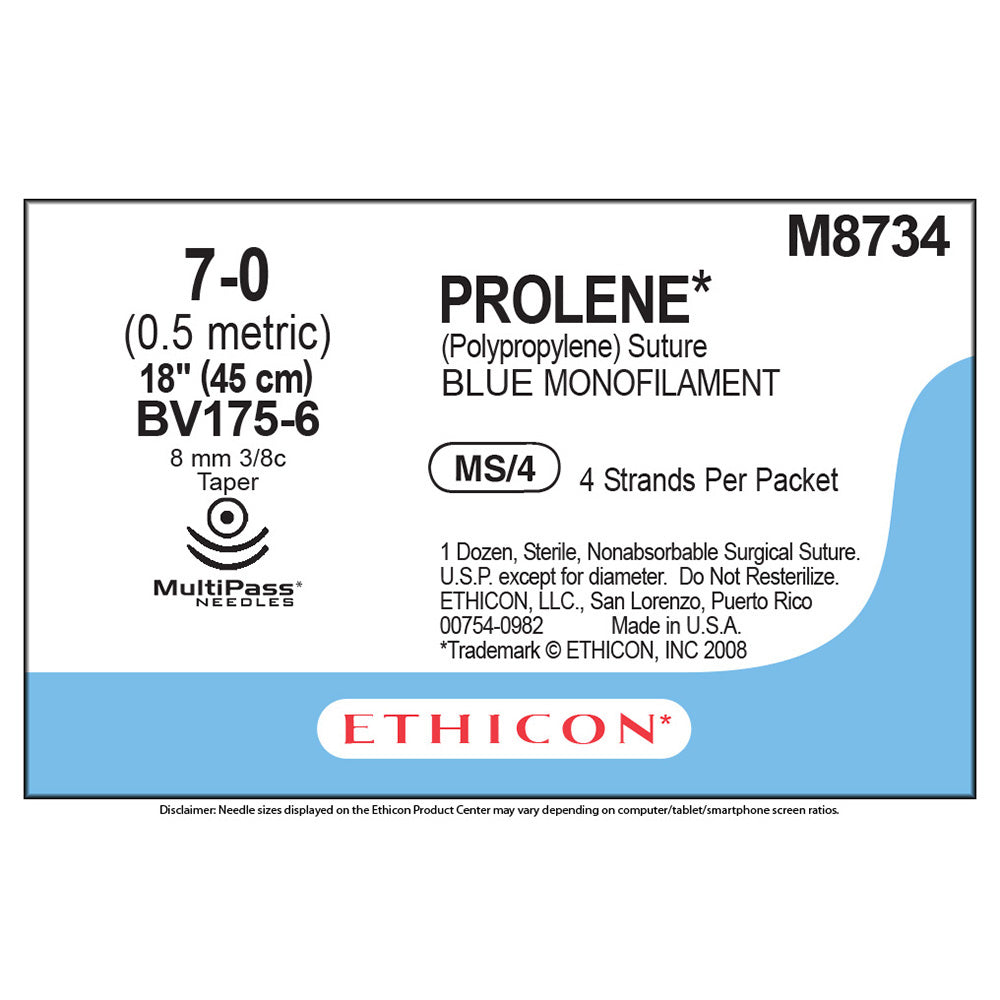 Ethicon PROLENE Polypropylene Suture, Size: 7-0, Needle: BV175-6, BV175-6, BLUE, 12/bx. MPN: M8734