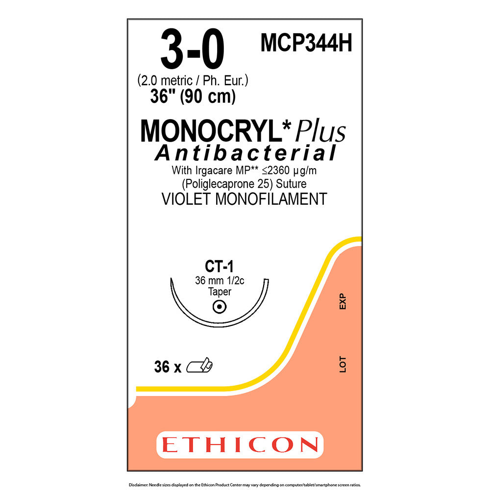 Ethicon MONOCRYL Plus Antibacterial Suture, Size: 3-0, Needle: CT-1, VIOLET, 36/bx. MPN: MCP344H