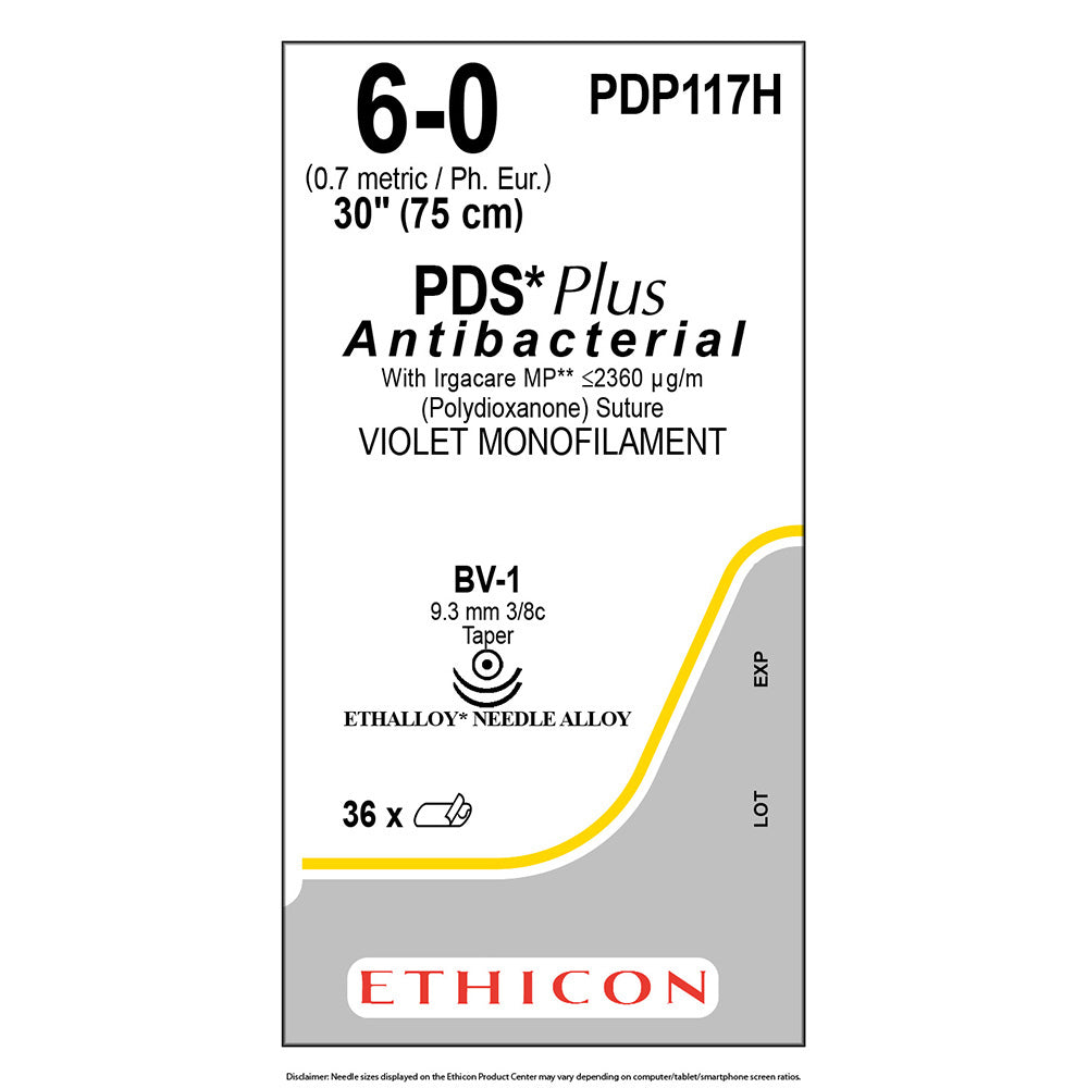 Ethicon PDS Plus Antibacterial Suture, Size: 6-0, Needle: BV-1, BV-1, VIOLET, 36/bx. MPN: PDP117H