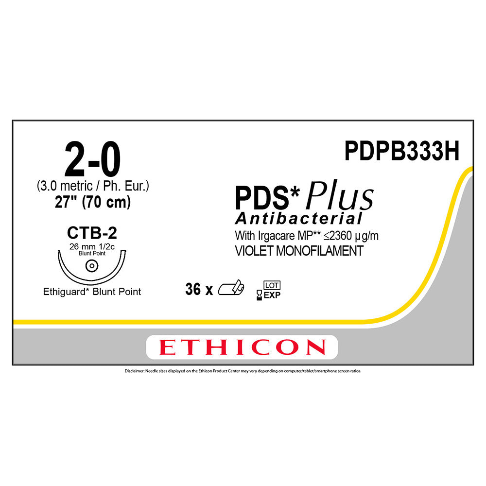 Ethicon PDS Plus Antibacterial Suture, Size: 2-0, Needle: CTB-2, VIOLET, 36/bx. MPN: PDPB333H
