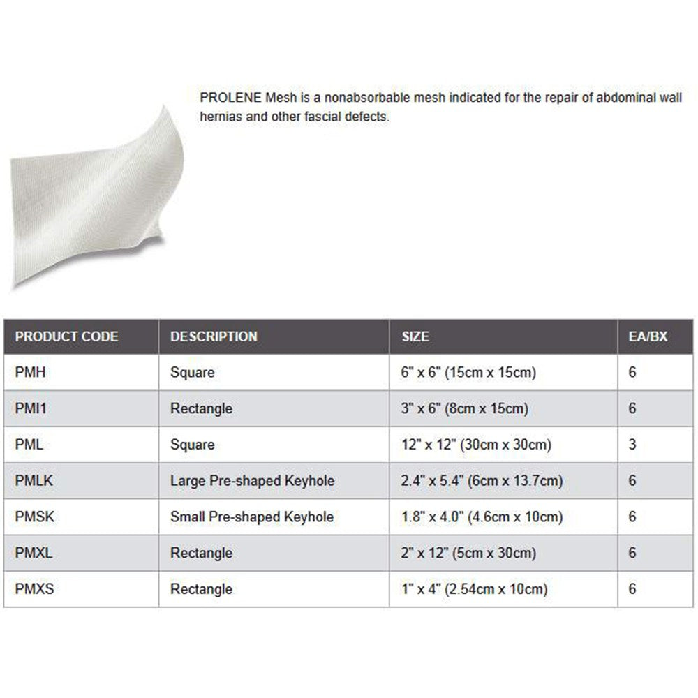 Ethicon PROLENE Mesh, Flat Mesh 12" x 12" (30cm x 30cm). MPN: PML