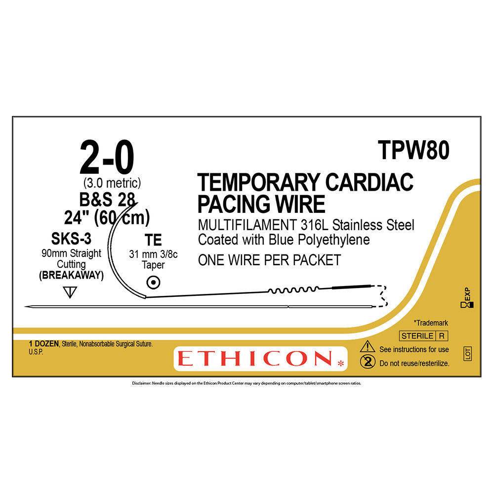 Ethicon Temporary Cardiac Pacing Wire, TE / SKS-3, 24", Size 2-0. MPN: TPW80