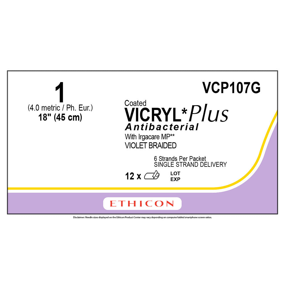 Ethicon COATED VICRYL Plus Antibacterial Suture, Size: 1, NO NEEDLE, VIOLET, 12/bx. MPN: VCP107G