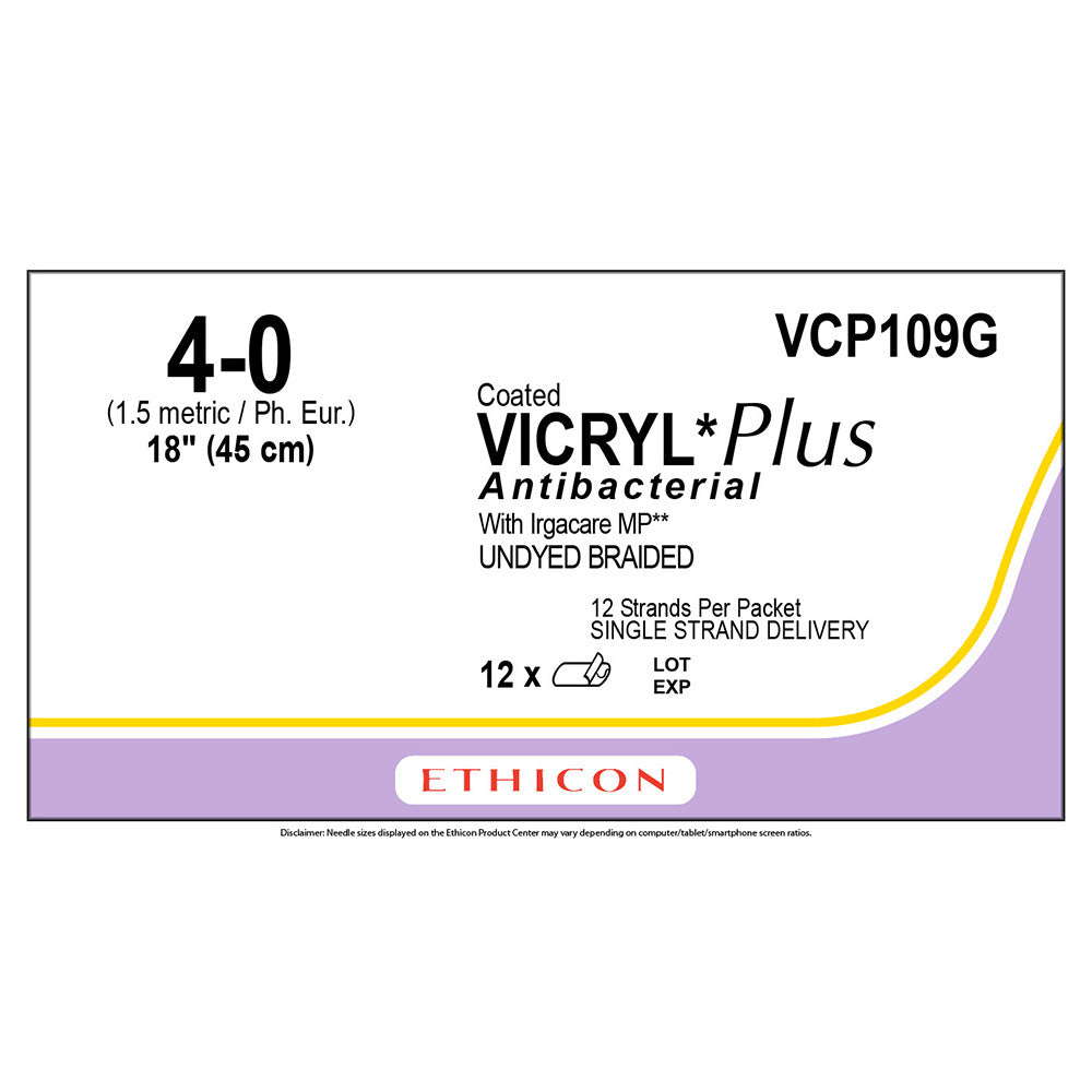Ethicon COATED VICRYL Plus Antibacterial Suture, Size: 4-0, NO NEEDLE, UNDYED, 12/bx. MPN: VCP109G