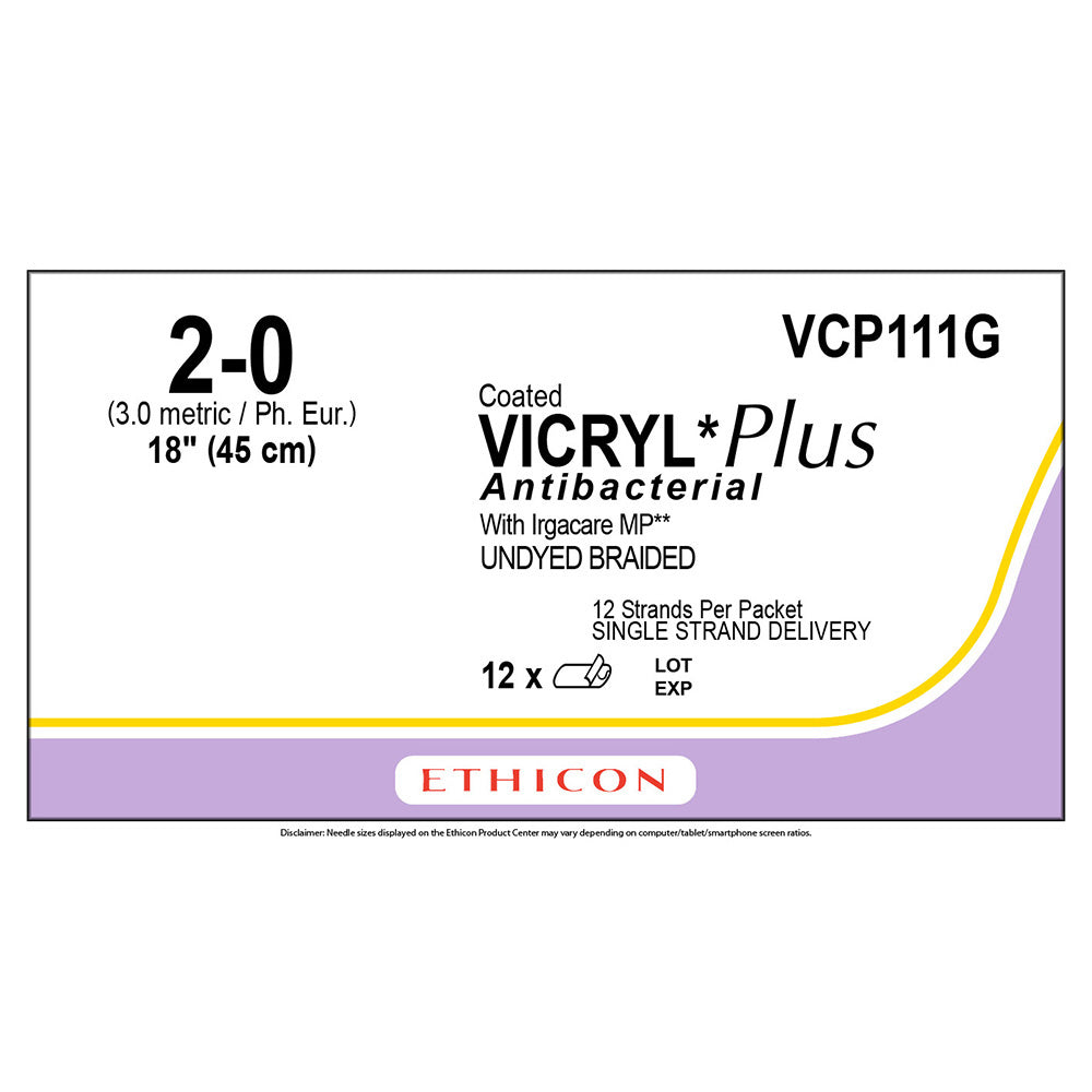 Ethicon COATED VICRYL Plus Antibacterial Suture, Size: 2-0, NO NEEDLE, UNDYED, 12/bx. MPN: VCP111G