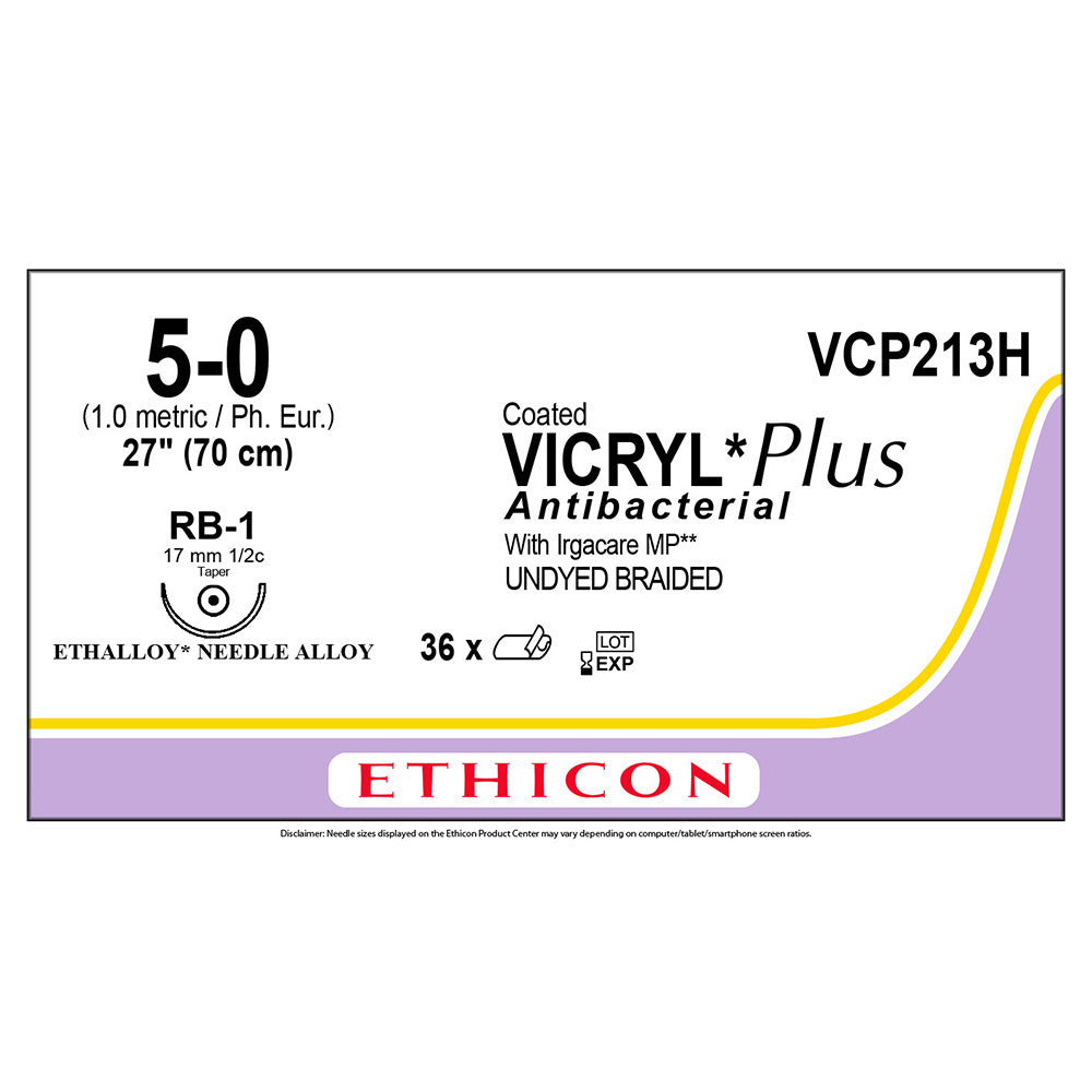 Ethicon COATED VICRYL Plus Antibacterial Suture, Size: 5-0, Needle: RB-1, UNDYED, 36/bx. MPN: VCP213H