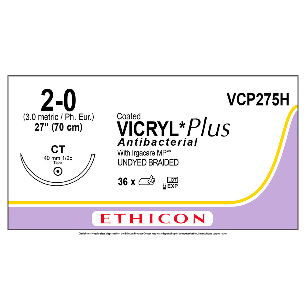Ethicon COATED VICRYL Plus Antibacterial Suture, Size: 2-0, Needle: CT, UNDYED, 36/bx. MPN: VCP275H
